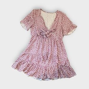 Women’s Pink Floral-Polka Dot Tie Front Tiered Ruffle Mini Dress Large